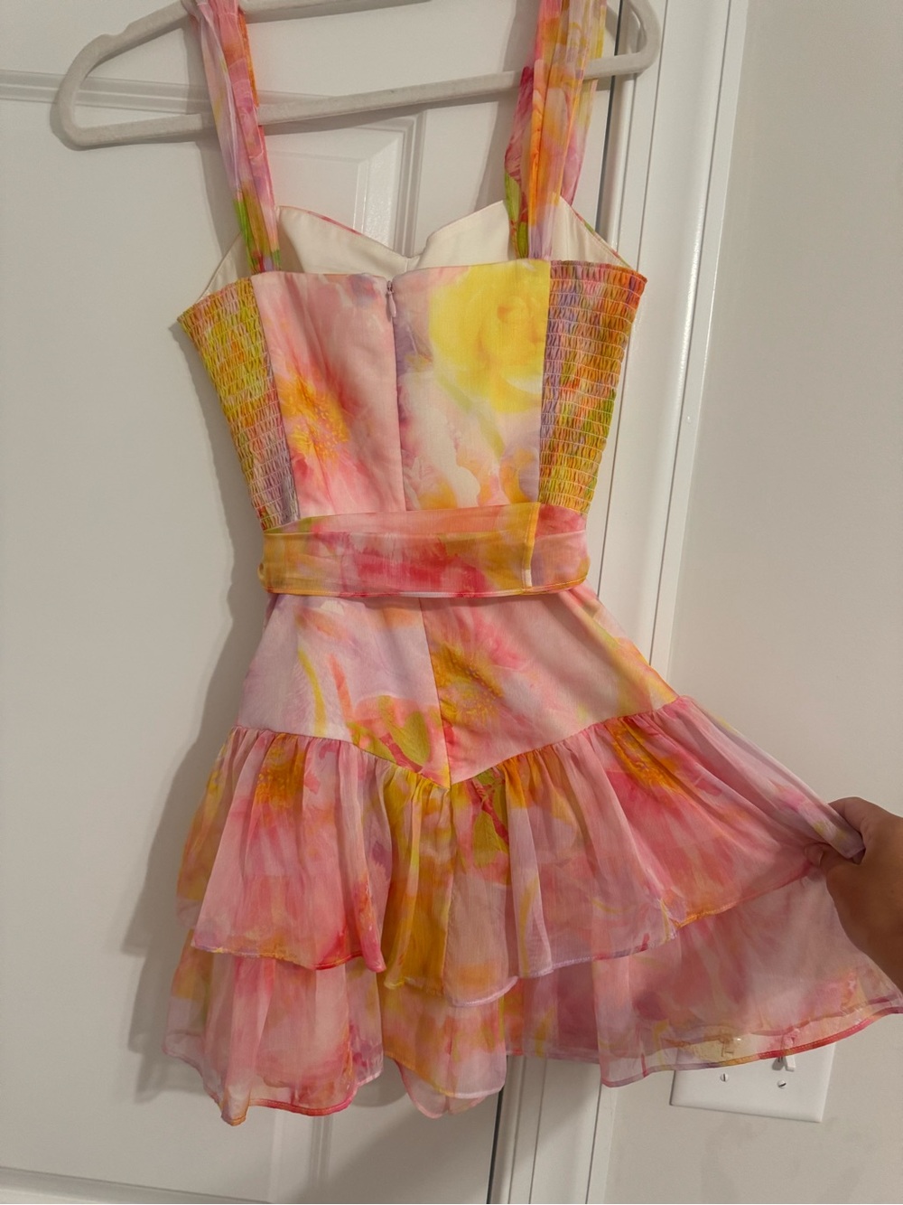 Amanda Uprichard Pink, Yellow & Cream Watercolor Ruffle Dress - Picture 6 of 7